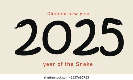 2025 year of he snake. Chinese new year banner. Chinese words stamp on the right means "snake". calligraphy, hand writing, oriental traditional greeting card.