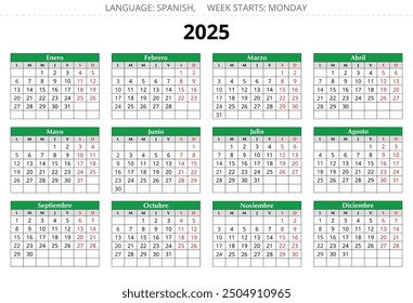 2025 year horizontal spanish calendar. Printable vector green illustration for Spain