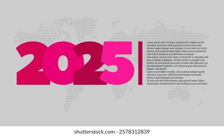 2025 year icon. Dotted world map. Vector background with sample text. Illustration for business, web design, infographic, event, page, presentation