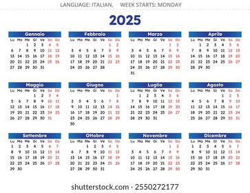 2025 year Italian calendar. Vector illustration for Italy - Calendario