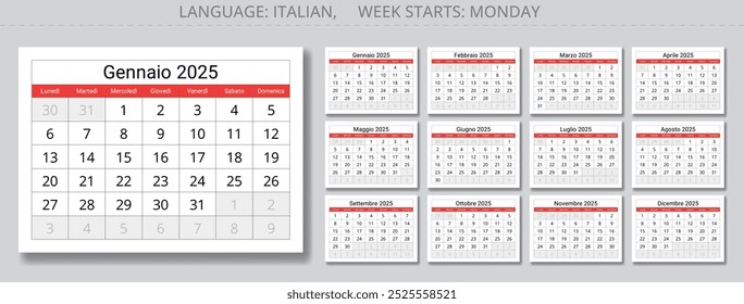 Calendarios italianos de 2025. Páginas en papel de 12 meses. Ilustración vectorial para Italia - calendario
