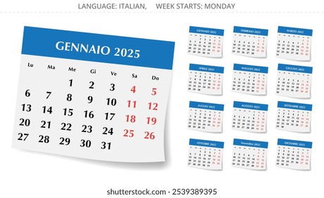 2025 year Italian pages of calendars. 12 months. Vector illustration with paper effect for Italy