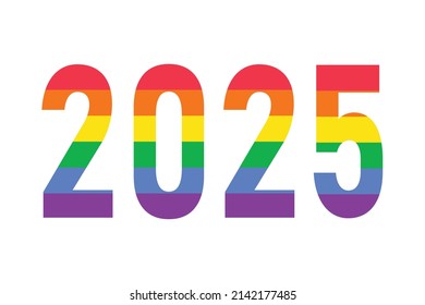 2025 year logo in rainbow LGBTQ flag colors isolated on white. Vector symbol of LGBTQ gay pride month, history month.