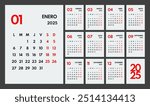 2025 year monthly office planner, calendar starts monday, two red weekends, white background, spanish months name