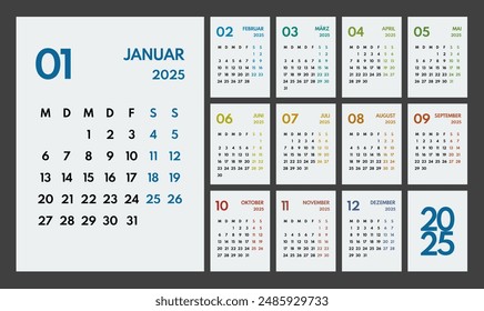 2025 year monthly office planner, calendar starts monday, two colorful weekends, white background, german months name