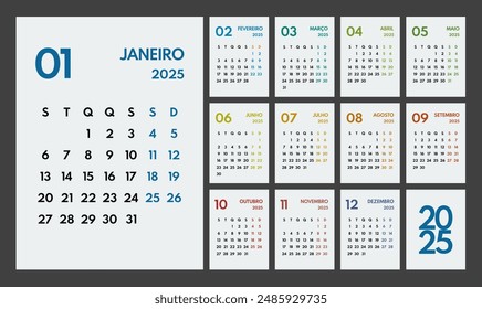 2025 year monthly office planner, calendar starts monday, two colorful weekends, white background, portuguese months name