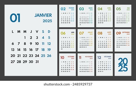 2025 year monthly office planner, calendar starts monday, two colorful weekends, white background, french months name