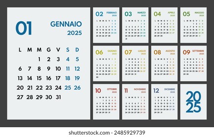 2025 año planificador de oficina mensual, calendario comienza el lunes, dos fines de semana coloridos, fondo blanco, meses italianos nombre