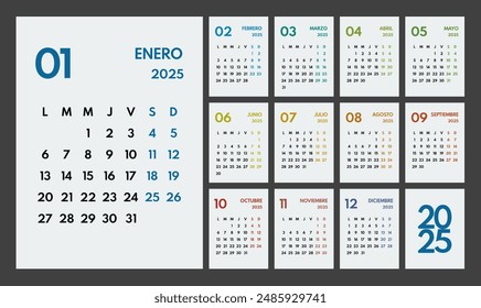 2025 year monthly office planner, calendar starts monday, two colorful weekends, white background, spanish months name