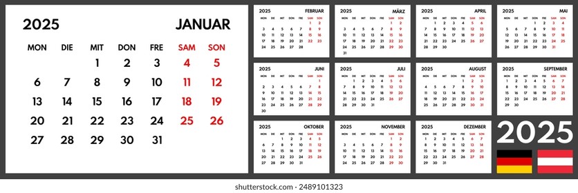 2025 year monthly office planner, calendar starts monday, two red weekends, white background, german months name