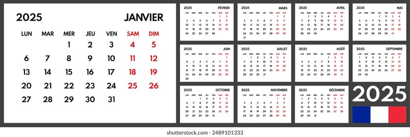 2025 year monthly office planner, calendar starts monday, two red weekends, white background, french months name