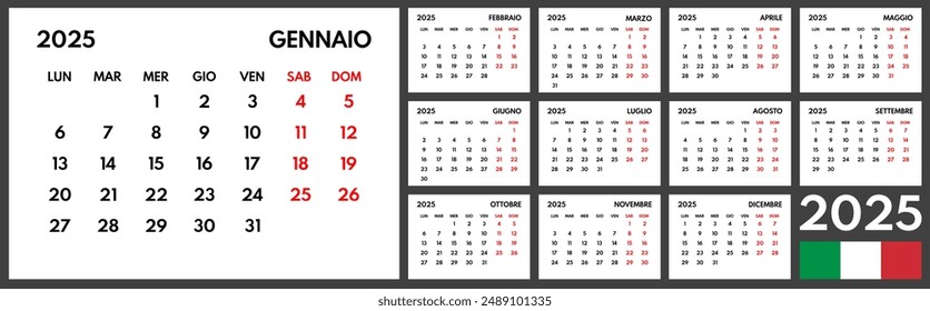 2025 año planificador de oficina mensual, calendario comienza el lunes, dos fines de semana rojos, fondo blanco, meses italianos nombre