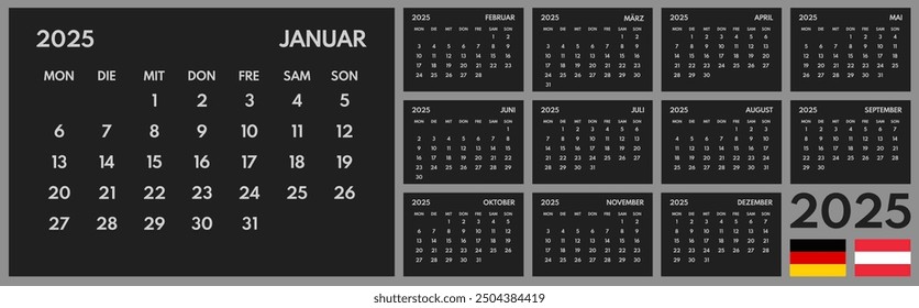 2025 year monthly office planner, calendar starts monday, two red weekends, black background, german months name