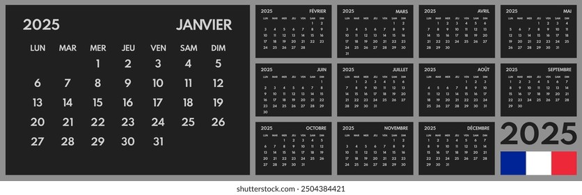 2025 year monthly office planner, calendar starts monday, two red weekends, black background, french months name