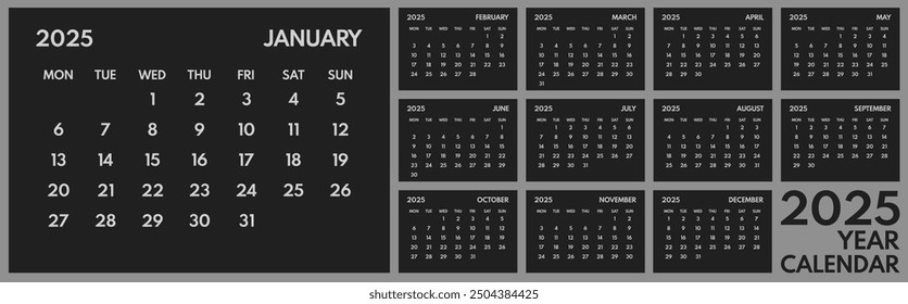 2025 year monthly office planner, calendar starts monday, two red weekends, black background