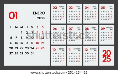 2025 year monthly office planner, calendar starts monday, two red weekends, white background, spanish months name