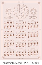 calendário lunar de 2025, modelo mensal do planejador de ciclo lunar. Fases lunares astrológicas programam e circulam banner com ilustração de vetor de estilo de linha fina de planeta Terra e Sol