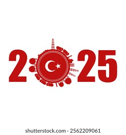 2025 year number with cargo theme relative silhouettes. Design set of natural gas logistic. Objects located around zero digit. Industry theme leaflet or brochure element. Flag of Turkey