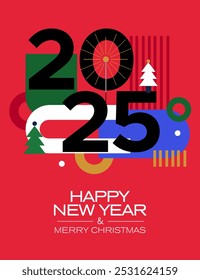 2025 year number with colored shapes on a red background. New Year's card with a minimalistic design. Merry Christmas and Happy New Year poster.	