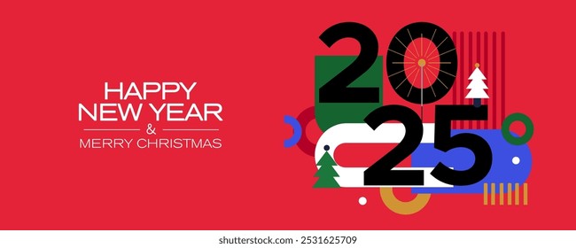 2025 year number with colored shapes on a red background. New Year's banner with a minimalistic design. Merry Christmas and Happy New Year illustration.	