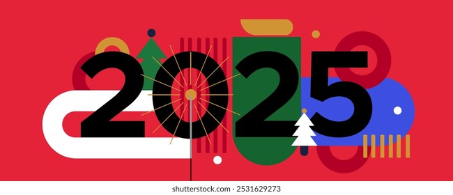 Número del año 2025 con Formas de colores sobre un fondo rojo. Anuncio de Nuevo año con un diseño minimalista. Feliz Navidades y feliz año Nuevo ilustración.