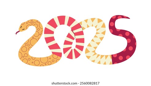 2025 year number from wriggled colorful snake. Chinese lunar new year symbol. Vector illustration on white background