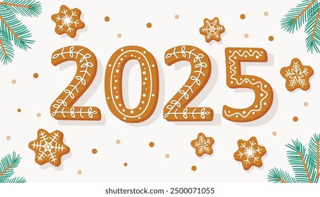 2025 year numbers made of gingerbread cookie, vector. With Christmas tree branches, snowflakes
Happy new year, winter illustration
