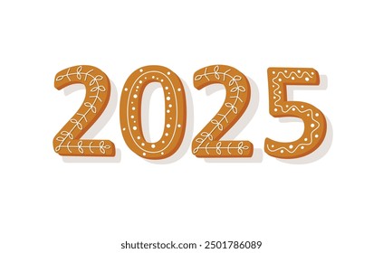 2025 year numbers made of gingerbread cookie, vector