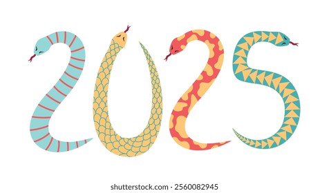 2025 year numbers from various wriggled colorful snakes. Chinese lunar new year symbol. Vector illustration on white background