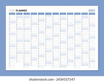 Planificador anual 2025, calendario de pared anual azul en blanco para la agenda diaria. Diario de página de programación, calendario de diseño de fondo, organizador, plantilla de planificador con espacio para la ilustración vectorial de notas personales