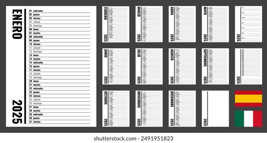 2025 año planificador, Vertical organizador personal Plantilla, mes español y nombres de días de la semana