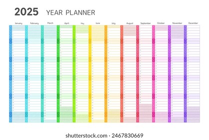 Jahresplaner 2025, Wandkalender für Tages- und Monatsagenda. Blank Planer Vorlage für 2025 Jahr mit zwölfmonatigem vertikalen Raster in Regenbogenfarben, Vektorillustration