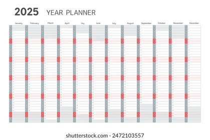 2025 year planner, wall calendar template in minimal style. Blank planner for 2025 year with twelve months vertical grid gray and red colors for daily and monthly agenda, vector illustration