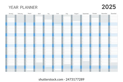 2025 año planificador, calendario de pared en estilo minimalista. Plantilla planificador en blanco para el año 2025 con grilla de doce meses de Vertical y colores azules para agenda diaria y mensual, Ilustración vectorial