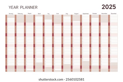 2025 year planner, wall calendar template in mocha mousse and red color. Blank planner for 2025 year with twelve months vertical grid for daily and monthly agenda, vector illustration