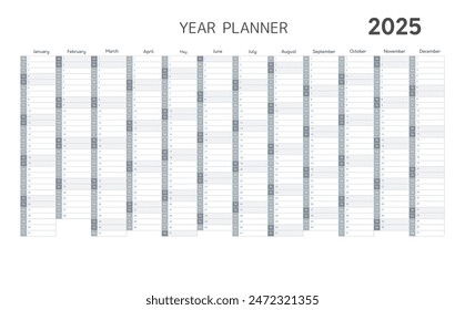 2025 Jahresplaner, Wand- oder Schreibtischkalender in grauen Farben. Leere Planer-Vorlage für 2025 Jahr mit 12 Monaten vertikalem Raster für Tages- und Monatsagenda in minimalem Stil, Vektorillustration