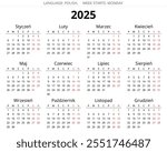 2025 year polish calendar. Printable, editable vector illustration for Poland