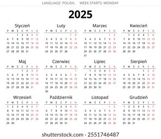 Calendario polaco de 2025. Ilustración vectorial imprimible y editable para Polonia