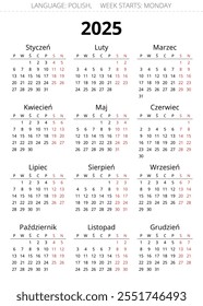 2025 year polish calendar. Printable, editable vector illustration for Poland