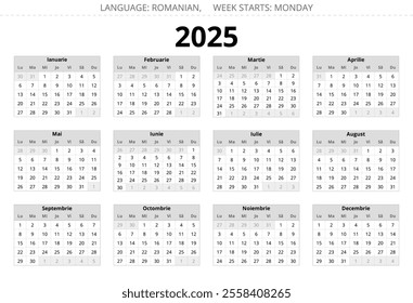 2025 year romanian calendar. Vector illustration for Romania and Moldova. 12 months