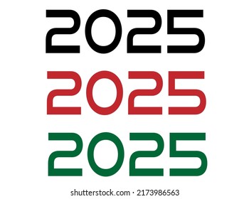 2025 year. Year set for comemoration in black, red and green. Vetor with background white.