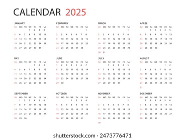 2025 Year Simple A4 Horizontal Calendar. Week Starts on Sunday.