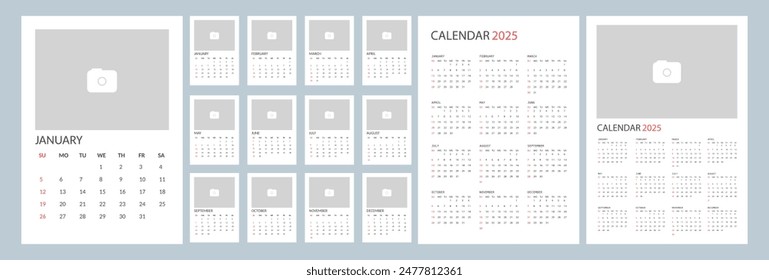 2025 Year Simple Calendar Template with Space for Logo, Illustration or Photo. Week Starts on Sunday.
