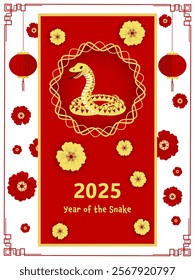 2025 Year of The Snack, Happy Chinese New Year Template in Golden and Red Color.