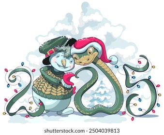 2025 year of snake according to eastern horoscope. Snowman and green snake symbol of new year hugging on christmas card. Vector cartoon illustration