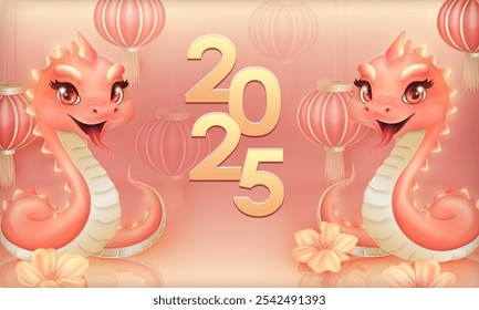 2025 Year of the Snake banner with cute 3d pink cartoon snake against a peach-colored background with festive Chinese red lanterns and plum blossoms. Cheerful Lunar New Year card in Asian style