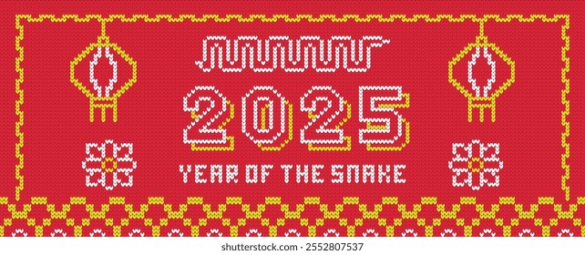 2025 Year of the Snake banner with knit pattern in red and yellow featuring lanterns and floral motifs