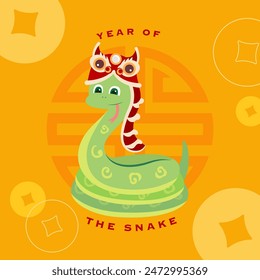 2025 year of the snake. chinese new year background, snake with lion dance cartoon. asia traditional festival. greeting card, red packet, cover art, wallpaper. money, wealth, wishes. lunar new year.