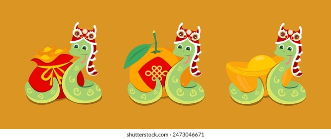 2025 year of the snake. chinese new year 12 zodiac clip art. lucky bag, mandarin, gold, money, gold ingot, lion dance element. asia oriental traditional decoration. snake cartoon. 