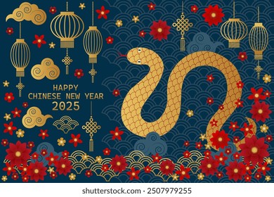 2025 year of the Snake, Chinese New Year, Festive greeting card in dark blue and golden